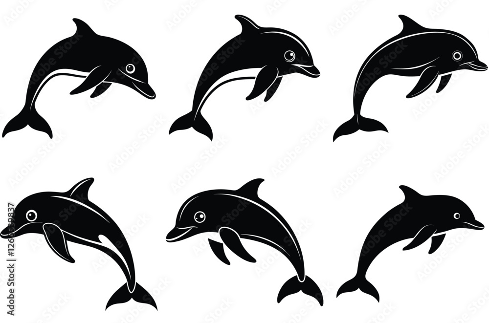 Fototapeta premium Dolphin jump silhouettes, playful dolphins silhouette vector set
