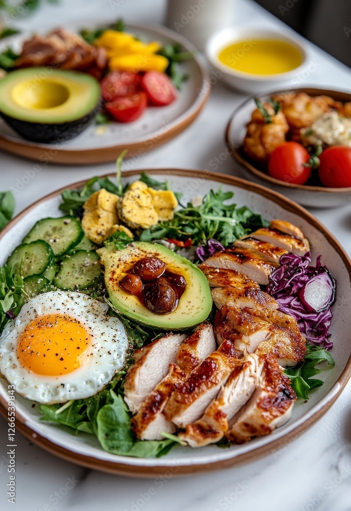 healthy plates, eggs and chicken on white table with some vegetables.colorful salad is placed in the center, including quail egg and fried meat slices. healthy plates, eggs and chicken on white table with some vegetables.colorful salad is placed in the center, including quail egg and fried meat slices.