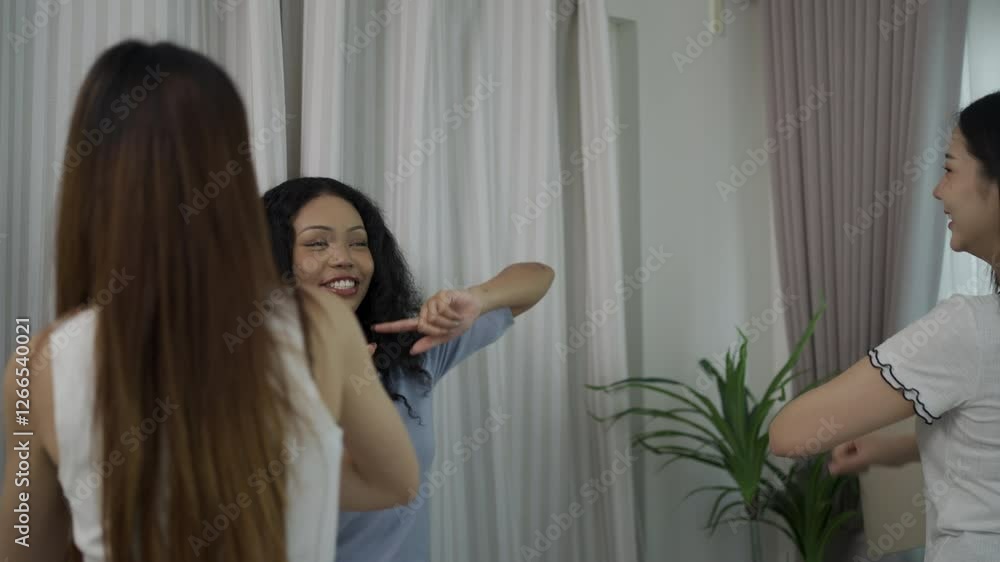 Friendship of young women sing and dance together. Leisure activity, relationship. Friendship of young women sing and dance together. Leisure activity, relationship.