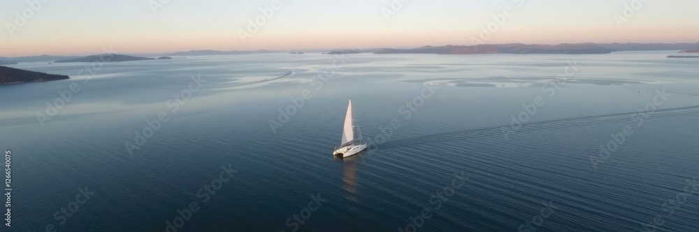 Fototapeta premium Drone view of a sailboat gliding across the surface of Lake Tahoe, lake scenery, lake tahoe california