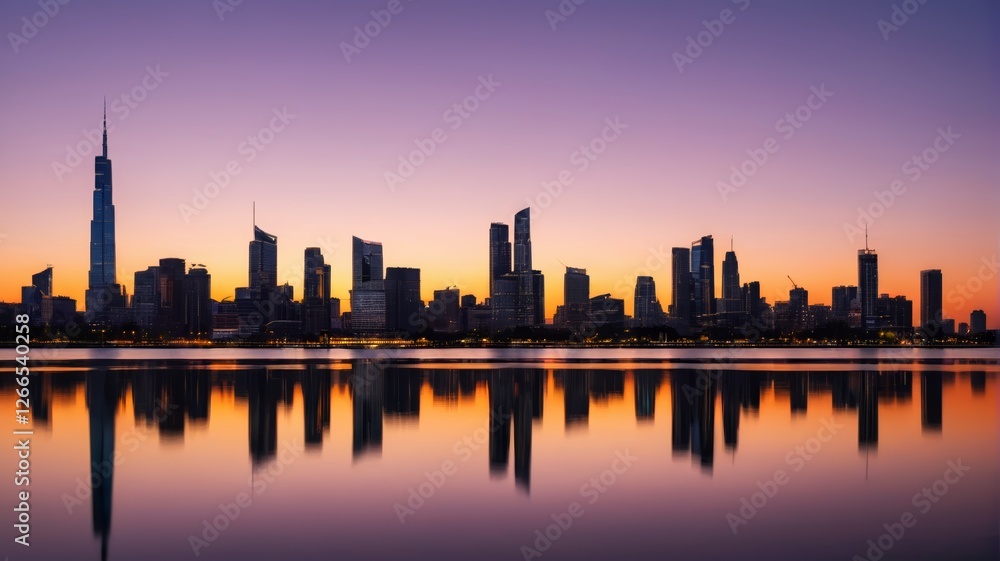 Obraz premium arafficial city skyline with skyscrapers reflected in the water