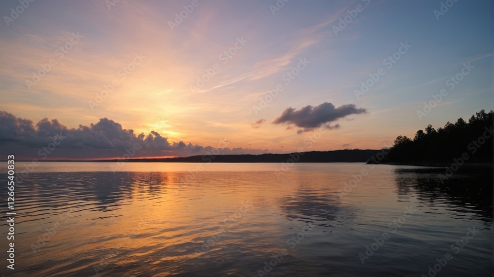 Fototapeta premium arafed view of a lake with a sunset in the background