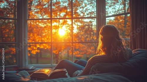 Serene Autumn Evening: Woman Gazing at Sunset Through Window