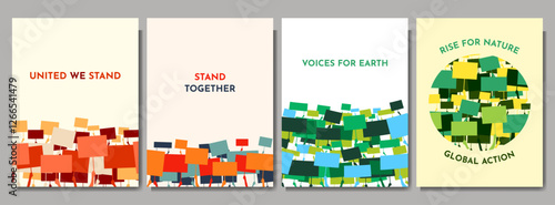 Vector illustration. Social protest background. Silhouette of hand holding banners demonstration. Design for poster, brochure, flyer, magazine, magazine. Concept of protection nature and human rights