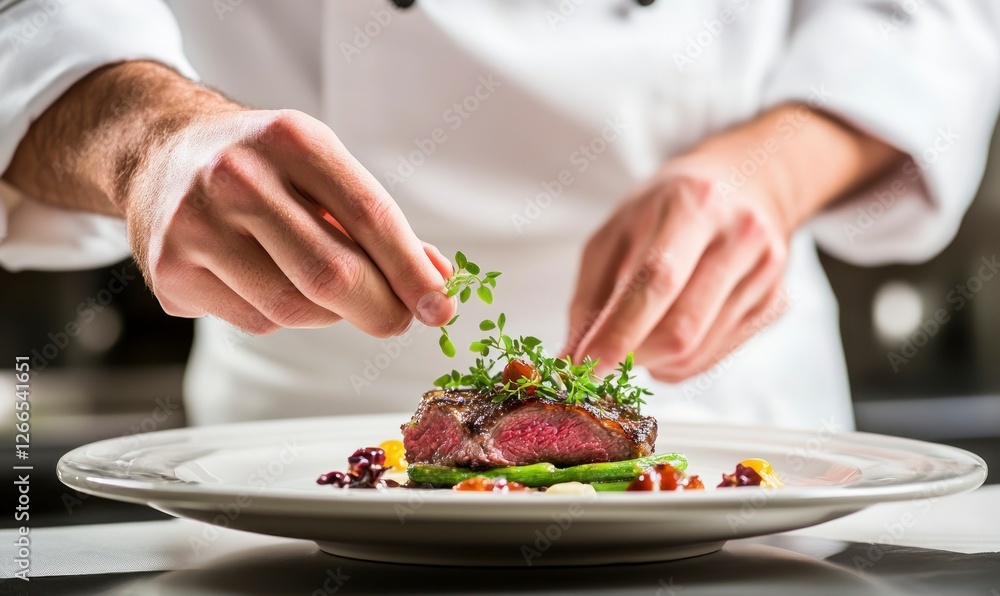 chef is plating up an exquisite dish of lamb, with tiny green stripes of vegetables on top and some herbs for garnish chef is plating up an exquisite dish of lamb, with tiny green stripes of vegetables on top and some herbs for garnish
