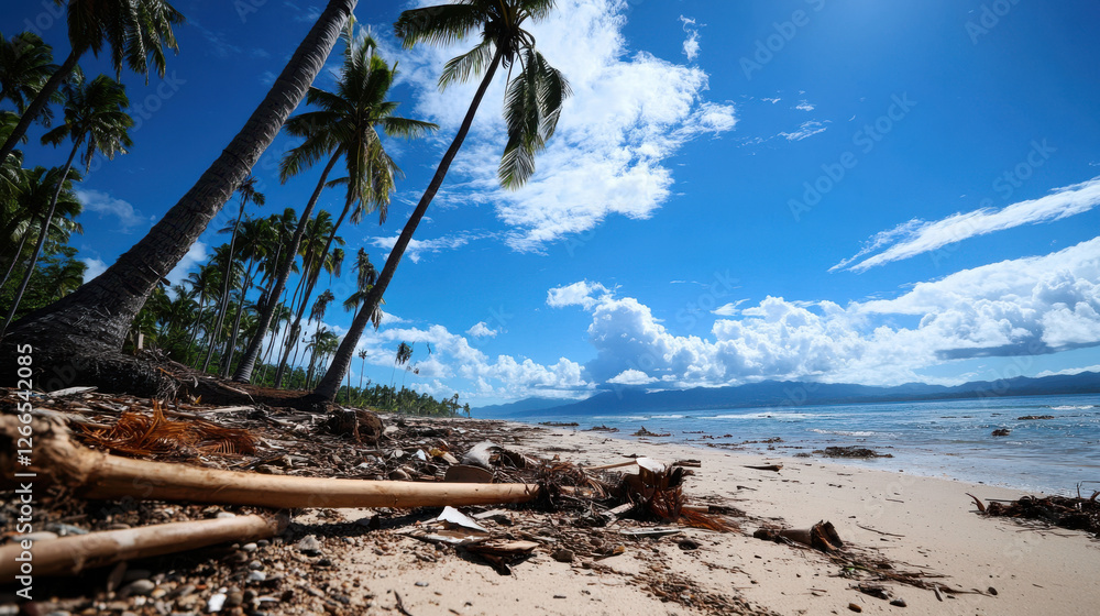 Tropical beach with palm trees and debris from cyclone Tropical beach with palm trees and debris from cyclone