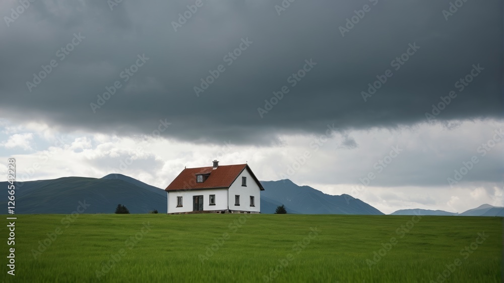 there is a white house in a field with mountains in the background there is a white house in a field with mountains in the background