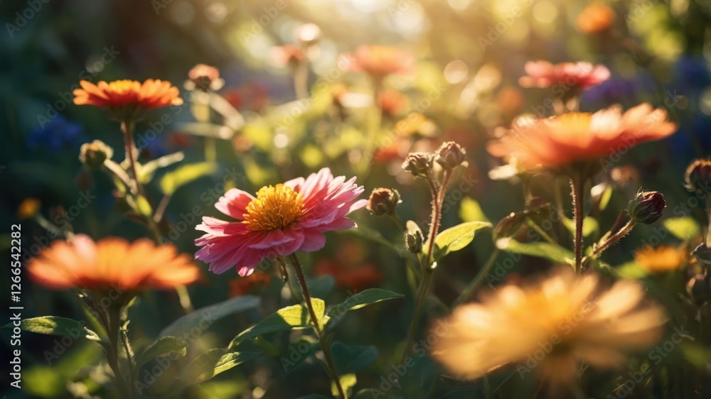 A vibrant field of flowers illuminated by sunlight, creating a serene and colorful atmosphere. A vibrant field of flowers illuminated by sunlight, creating a serene and colorful atmosphere.