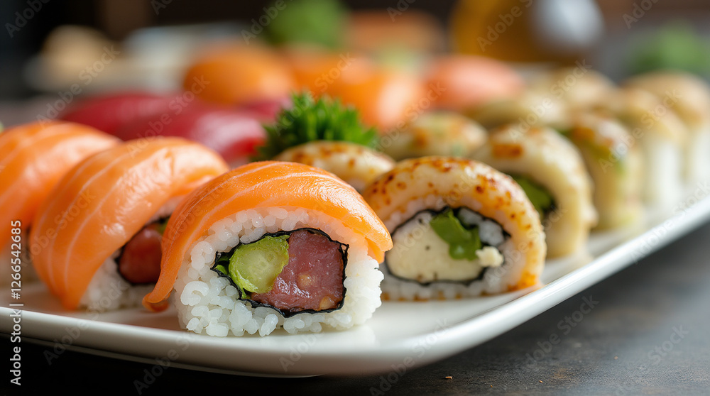 A variety of sushi rolls are presented on a plate A variety of sushi rolls are presented on a plate