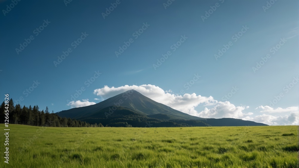 there is a large mountain in the distance with a field of grass there is a large mountain in the distance with a field of grass