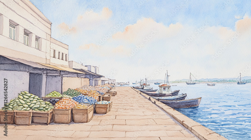 Fototapeta premium Waterfront Market Scene with Colorful Produce