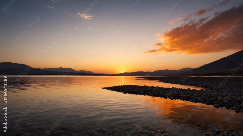 Fototapeta premium sunset over a lake with rocks and water and mountains in the background