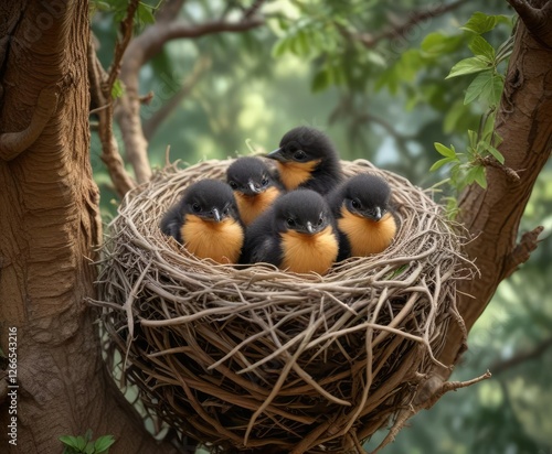 Freshly hatched white-rumped shama chicks in nest on tree, small, adorable photo