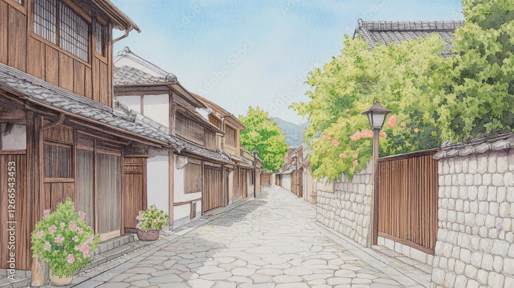 Japanese Town Alley Watercolor Painting