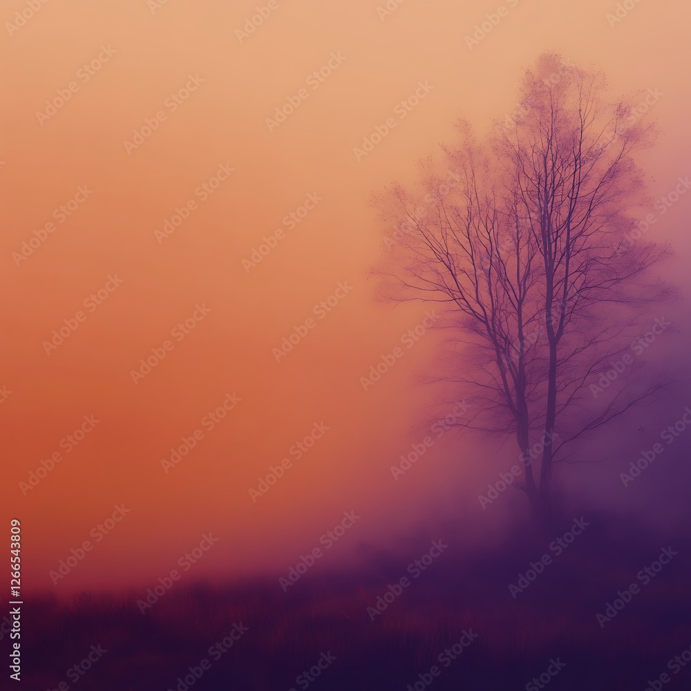 Obraz premium A solitary tree stands against a misty backdrop, illuminated by hues of orange and purple. The serene atmosphere evokes peace and introspection in nature's embrace.