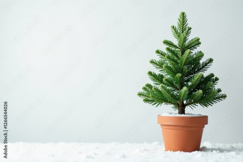 Fototapeta premium White background with potted evergreen tree and snowflakes, background, snowflake