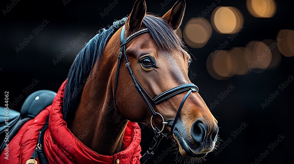 Obraz premium Chestnut horse stable portrait, night lights