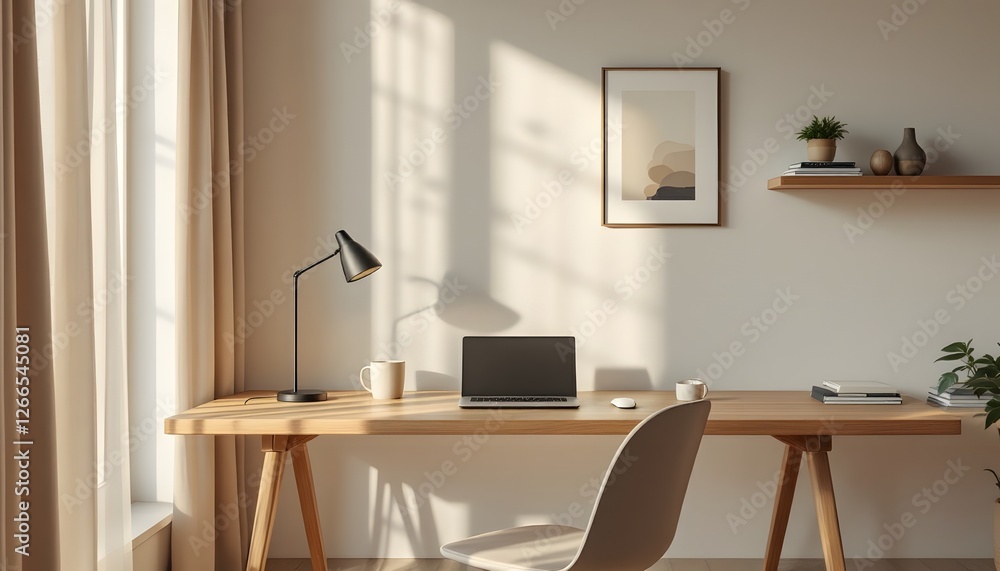 Modern Home Office Desk Setup with Laptop and Desk Lamp Modern Home Office Desk Setup with Laptop and Desk Lamp