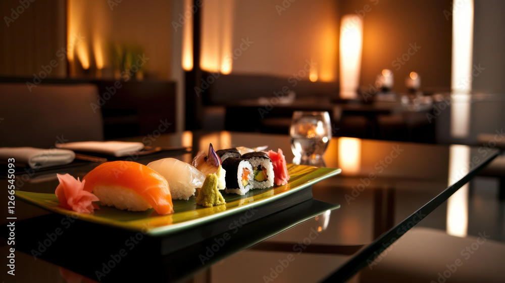 vibrant sushi platter on sleek glass table, inviting and elegant vibrant sushi platter on sleek glass table, inviting and elegant