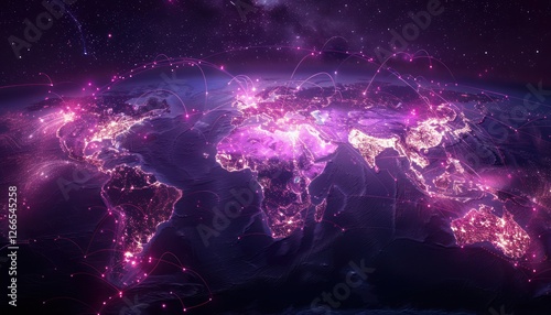 Wonderful world map futuristic telecommunication network, concept about global internet connection and information, communication with dynamic line purple flowing connecting between countries