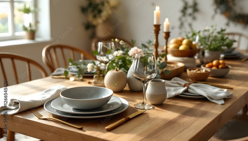 Fototapeta premium Elegant Autumn Table Setting with Grey Dinnerware