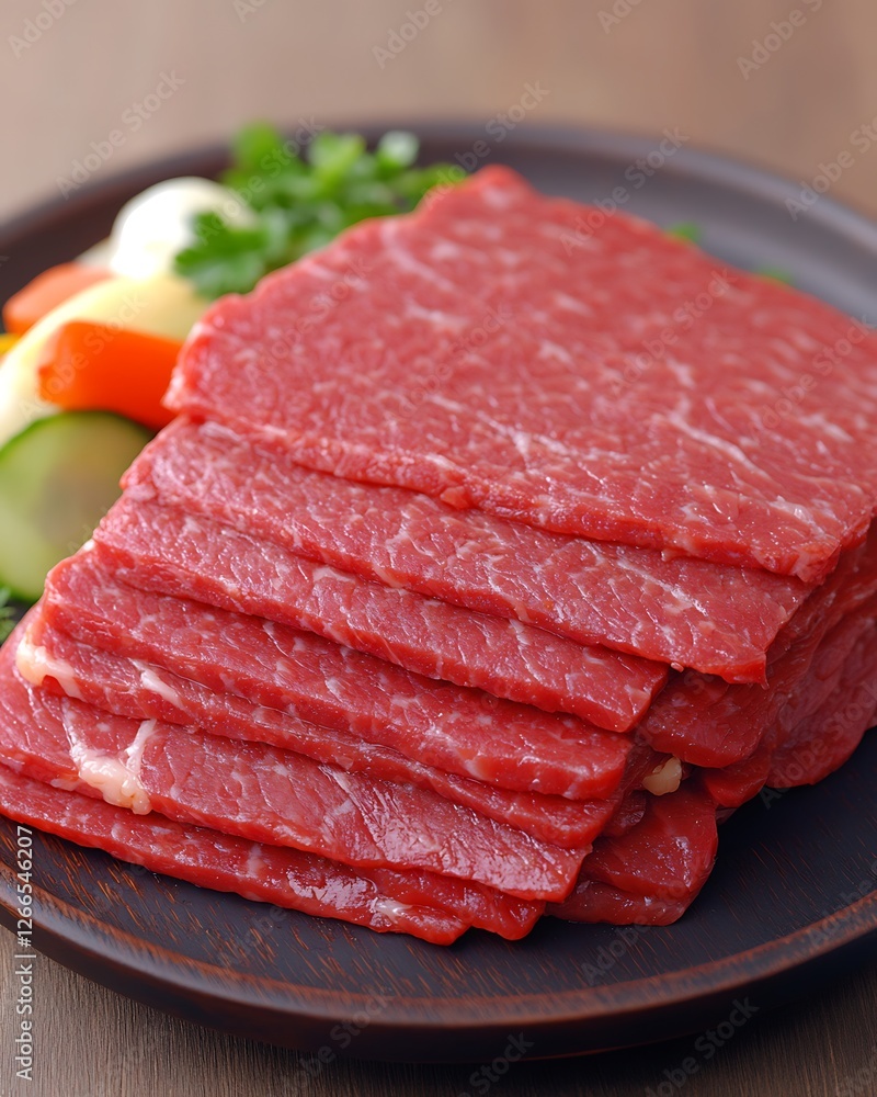 Sliced Raw Beef on Plate with Veggies, tabletop food shot. For menu, recipes, nutrition guides Sliced Raw Beef on Plate with Veggies, tabletop food shot. For menu, recipes, nutrition guides