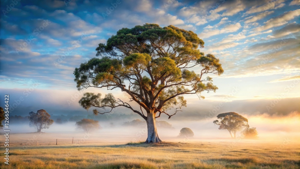 Ancient tree stands alone in misty morning landscape in South Australian wilderness , Morning fog Ancient tree stands alone in misty morning landscape in South Australian wilderness , Morning fog