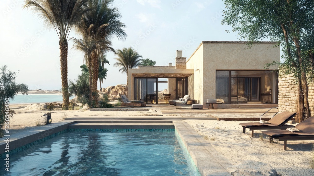 Fototapeta premium A serene modern villa by the beach with a pool and palm trees.