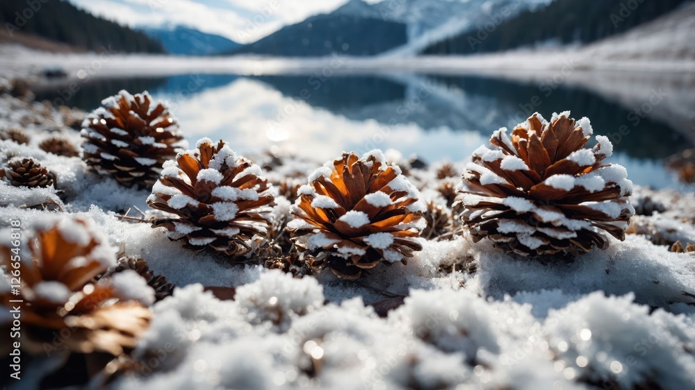 Snow-covered pine cones on a frosty landscape near a tranquil lake and mountains. Snow-covered pine cones on a frosty landscape near a tranquil lake and mountains.