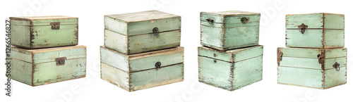 Set of two old wooden boxes collection with painted in light green isolated on transparent background