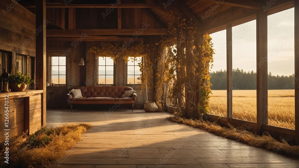 Cozy rustic interior with a view of golden fields and warm sunlight. Cozy rustic interior with a view of golden fields and warm sunlight.