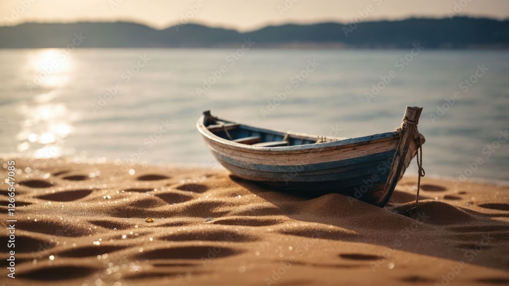 A small boat rests on sandy shores beside calm waters, evoking tranquility and leisure. A small boat rests on sandy shores beside calm waters, evoking tranquility and leisure.