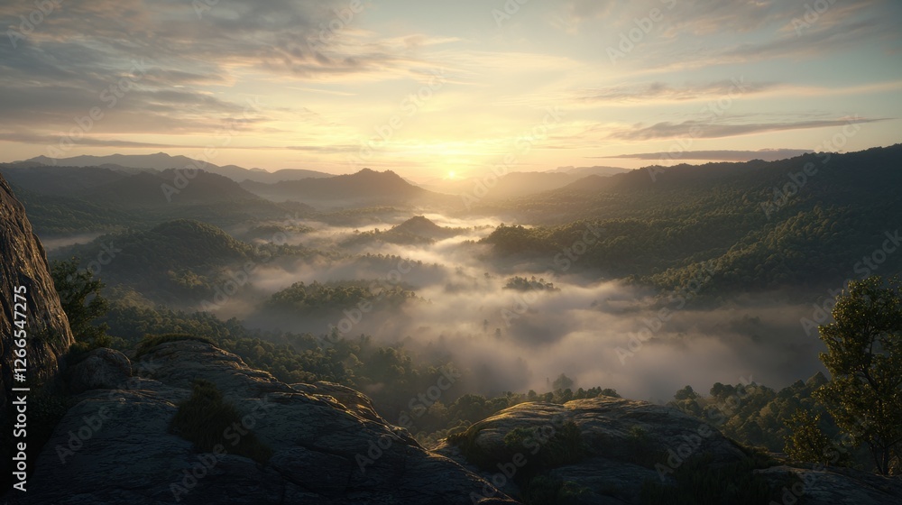 Serene Sunset View of Rugged Mountains Surrounded by Misty Valleys and Lush Greenery Serene Sunset View of Rugged Mountains Surrounded by Misty Valleys and Lush Greenery