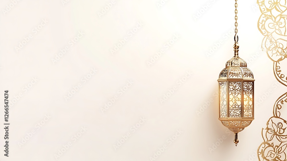 An ornate golden lantern hangs against a cream-colored wall, casting a soft, warm glow for Ramadan festuival. An ornate golden lantern hangs against a cream-colored wall, casting a soft, warm glow for Ramadan festuival.