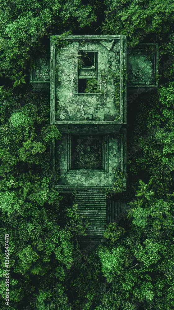 Aerial view of abandoned jungle building, overgrown ruins, decay Aerial view of abandoned jungle building, overgrown ruins, decay