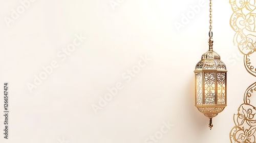 An ornate golden lantern hangs against a cream-colored wall, casting a soft, warm glow for Ramadan festuival. photo