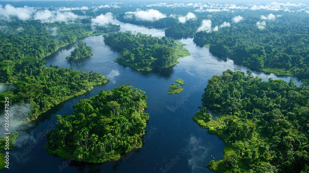 Aerial view of Amazon rainforest river, islands, and lush vegetation Aerial view of Amazon rainforest river, islands, and lush vegetation