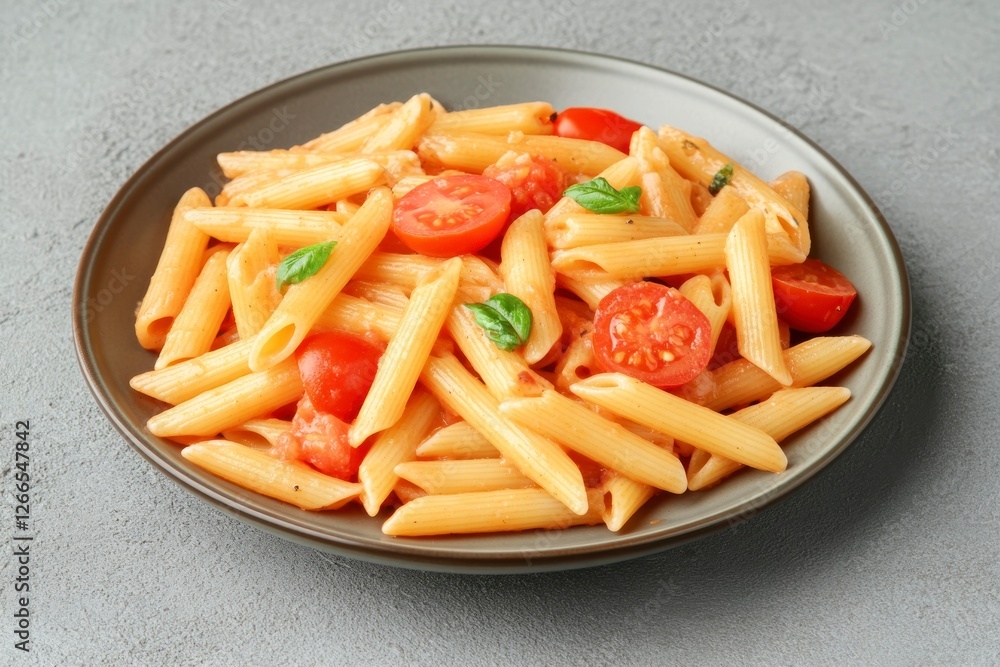 penne pasta with tomato sauce and fresh tomatoes on a plate, against a grey background, top view. penne pasta with tomato sauce and fresh tomatoes on a plate, against a grey background, top view.