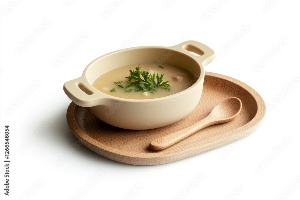 baby bowl with the handle of one side and two ends, filled with soup. The inside is beige matte plastic material, while outside it has wooden edges for holding. baby bowl with the handle of one side and two ends, filled with soup. The inside is beige matte plastic material, while outside it has wooden edges for holding.