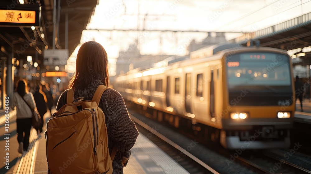Stylish Anime Character Gazing at Bus in Urban Setting During Sunset with Warm Color Palette Stylish Anime Character Gazing at Bus in Urban Setting During Sunset with Warm Color Palette