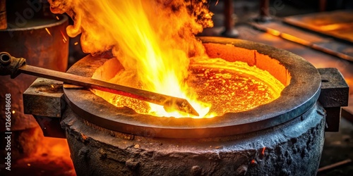 Red-hot metal half-branch formed in the crucible melting furnace with intense flames and molten lava surrounding it , furnace