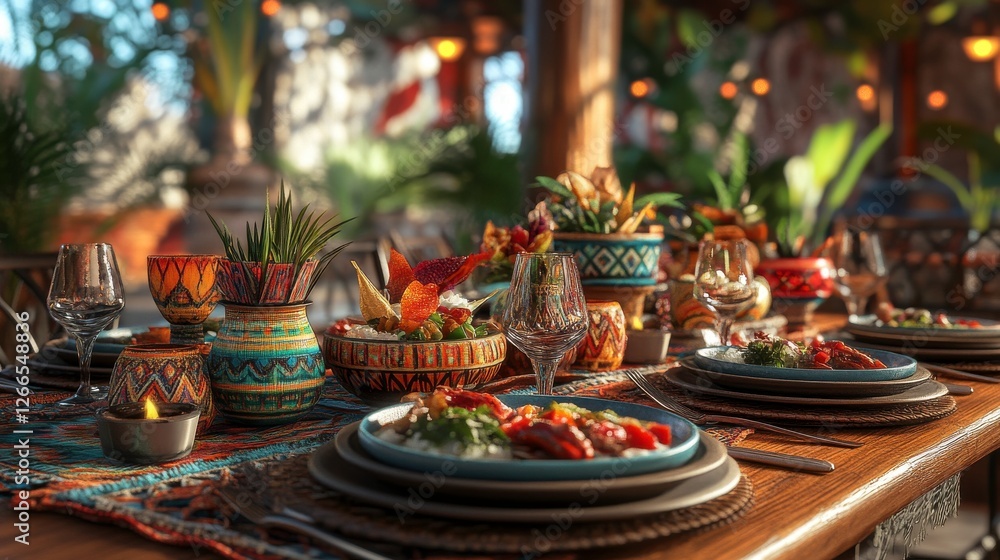 A vibrant table setting featuring an array of colorful dishes, fresh ingredients, and decorative elements, creating a festive dining atmosphere. A vibrant table setting featuring an array of colorful dishes, fresh ingredients, and decorative elements, creating a festive dining atmosphere.