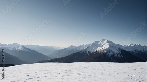 skiers on a snowy mountain slope with a view of the mountains