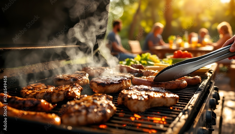 Fototapeta premium Grilling Juicy Burgers and Sausages Outdoors Summer Bbq