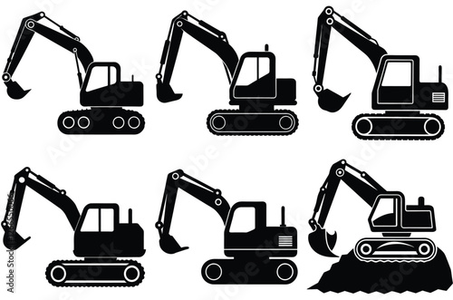 silhouette excavator and construction machinery truck and bulldozer vector icons