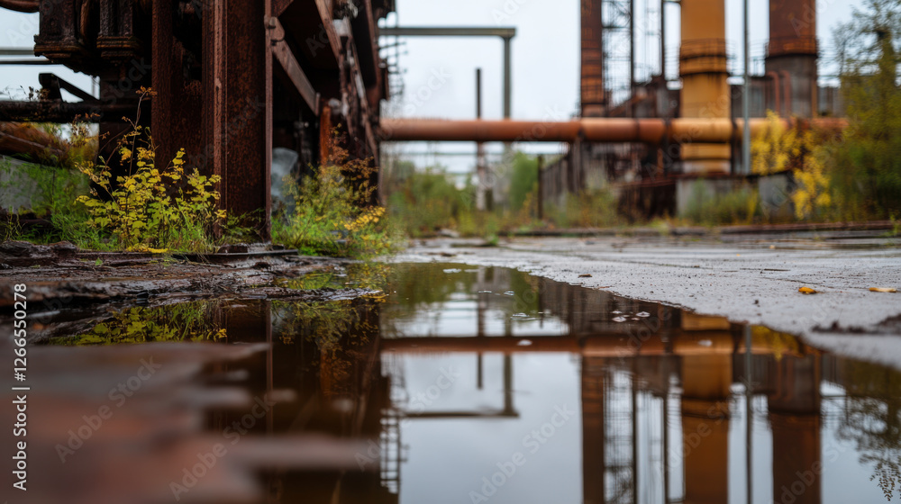 Abandoned industrial site with rusting machinery and puddles Abandoned industrial site with rusting machinery and puddles