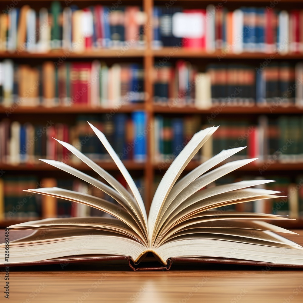 An open book rests on a wooden table, surrounded by a blurred library background filled with shelves of books. An open book rests on a wooden table, surrounded by a blurred library background filled with shelves of books.