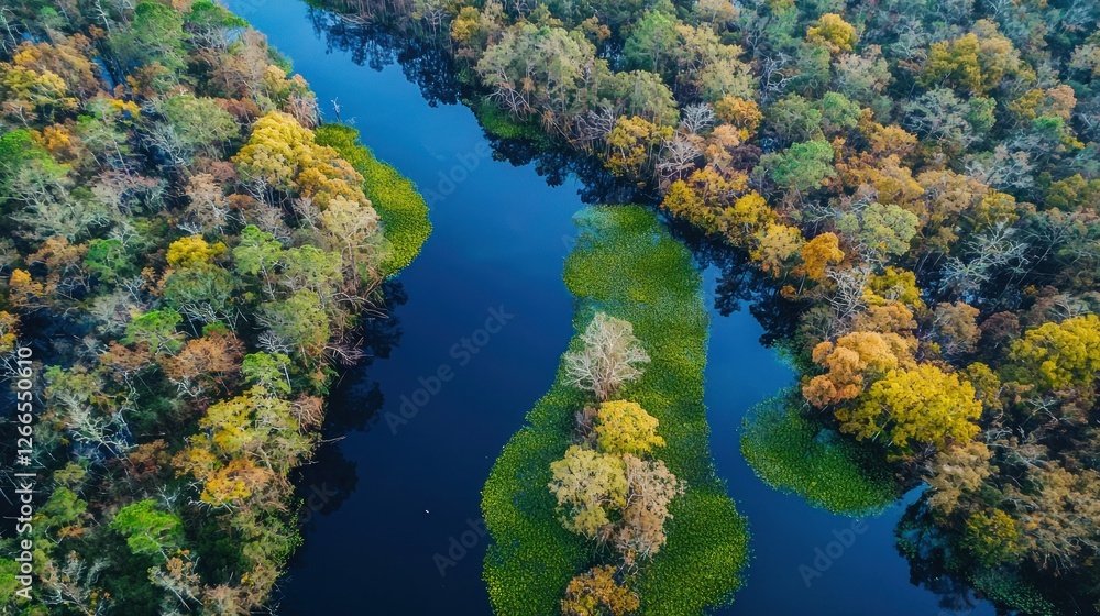 Aerial view of autumn forest river, nature background, scenic landscape Aerial view of autumn forest river, nature background, scenic landscape