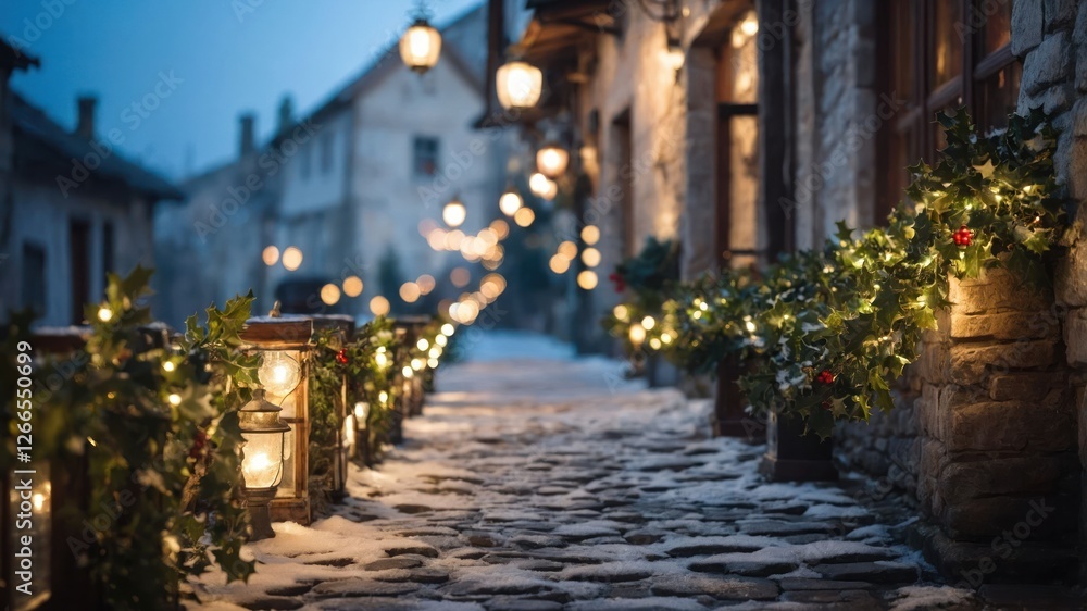 Snowy street decorated with lights and greenery, creating a festive winter atmosphere. Snowy street decorated with lights and greenery, creating a festive winter atmosphere.