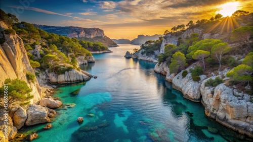 Calanque de Port Miou at Dawn, turquoise water, rocky cliffs photo